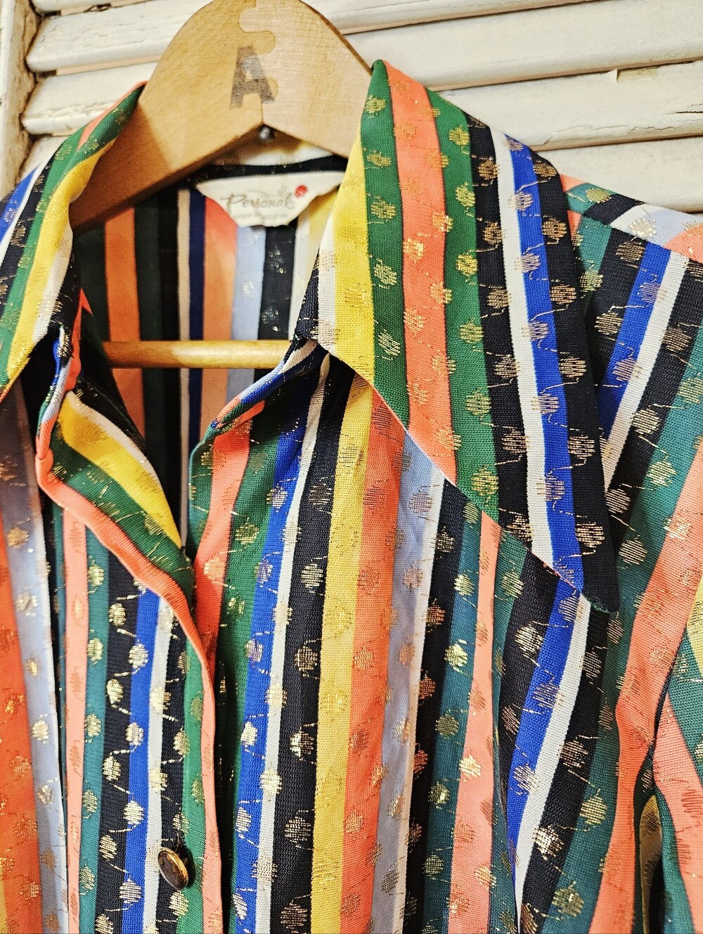 Vintage 70s Dagger Collar Rainbow And Gold Metallic Stripe Blouse Medium - Picture 3 of 16